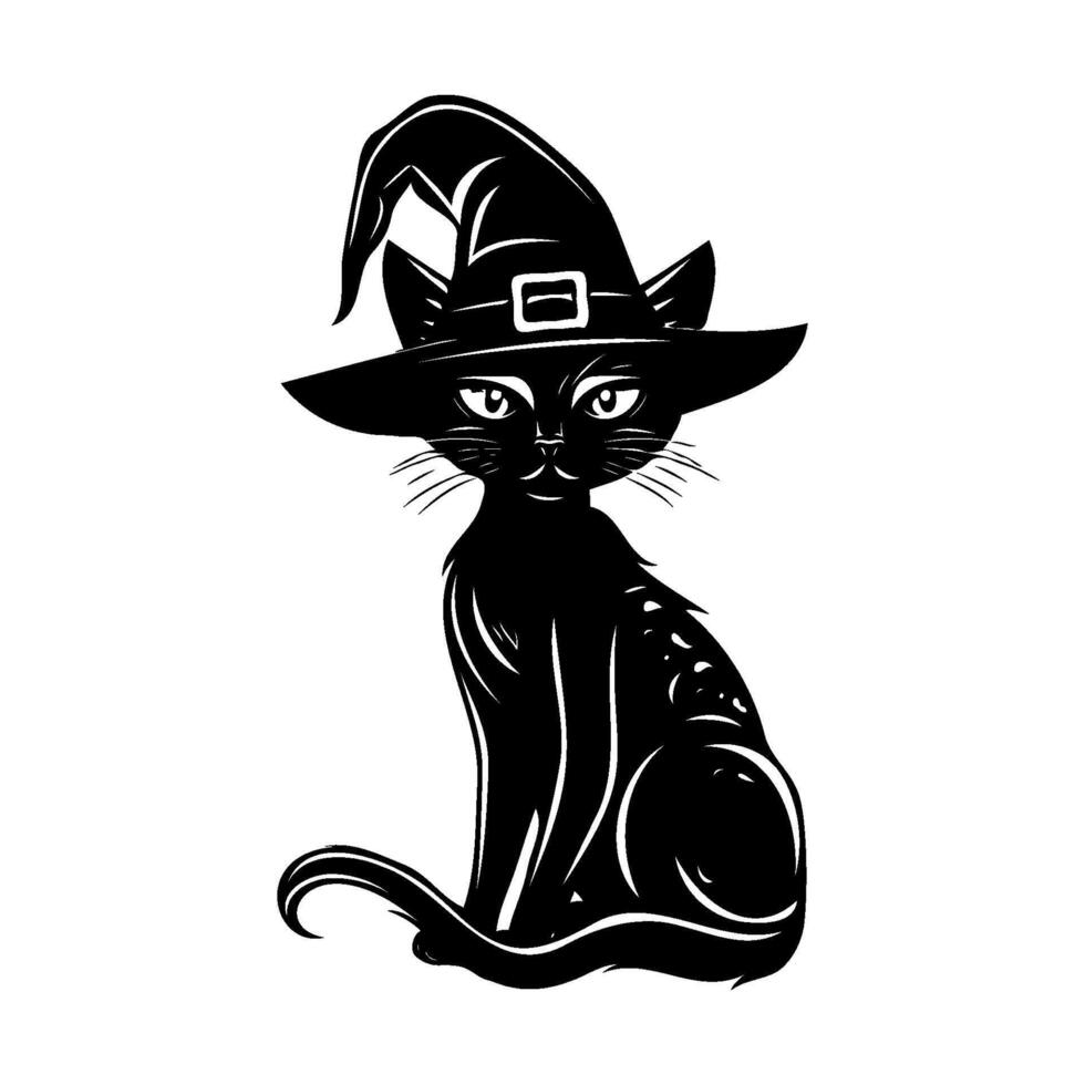 Silhouette Halloween cat wearing a wizard hat sits on a white background. vector