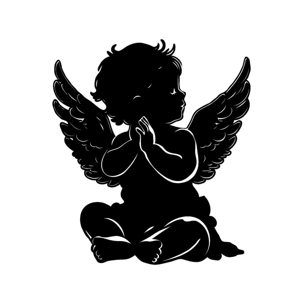 Silhouette Christmas baby angel sitting on white background. Concept of innocence and purity vector