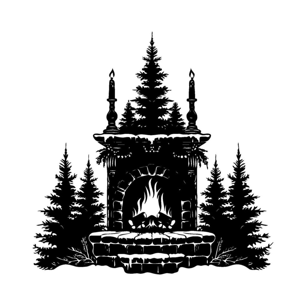Christmas fireplace surrounded by Christmas trees with a fire burning in it. Scene is cozy and warm vector