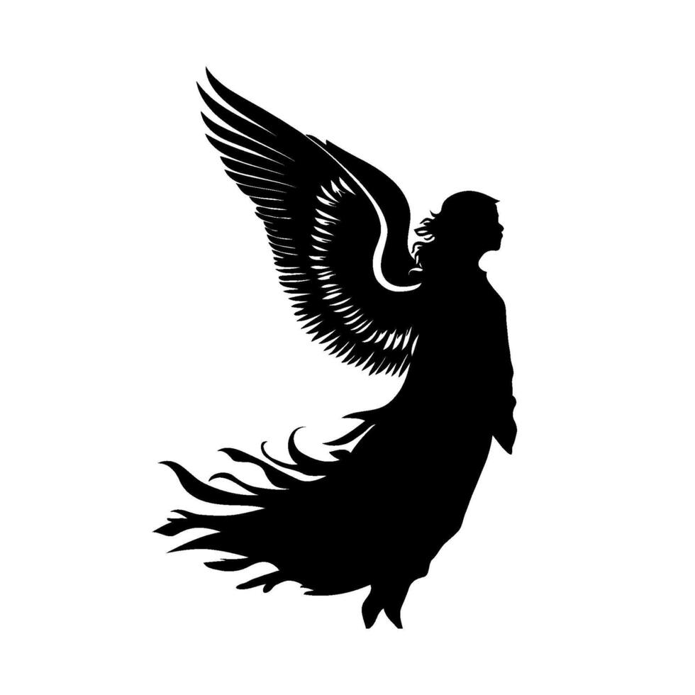 A silhouette of a Christmas angel with wings on her back on white background. The wings are black and white. vector