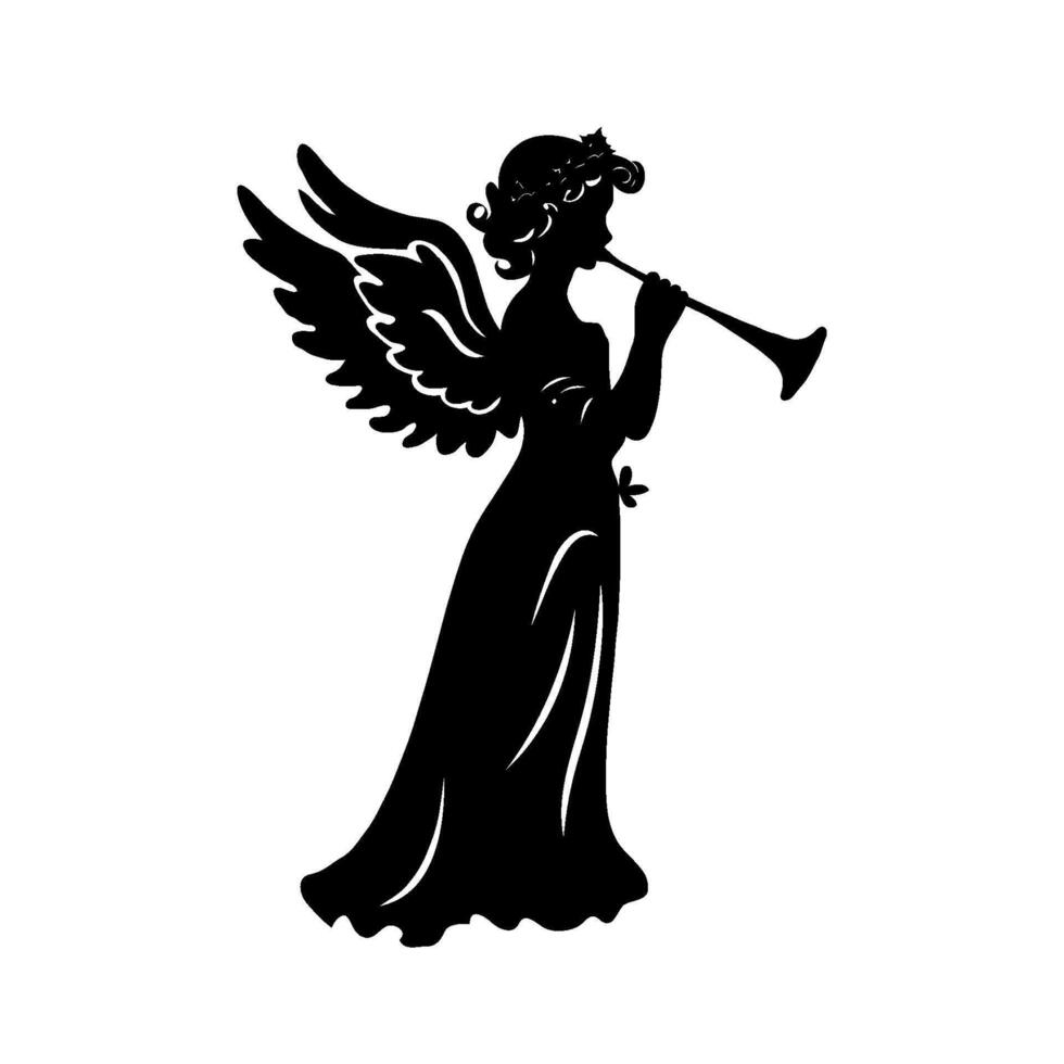 silhouette of Christmas angel playing a trumpet. The silhouette is black and white and the woman is wearing a dress. vector