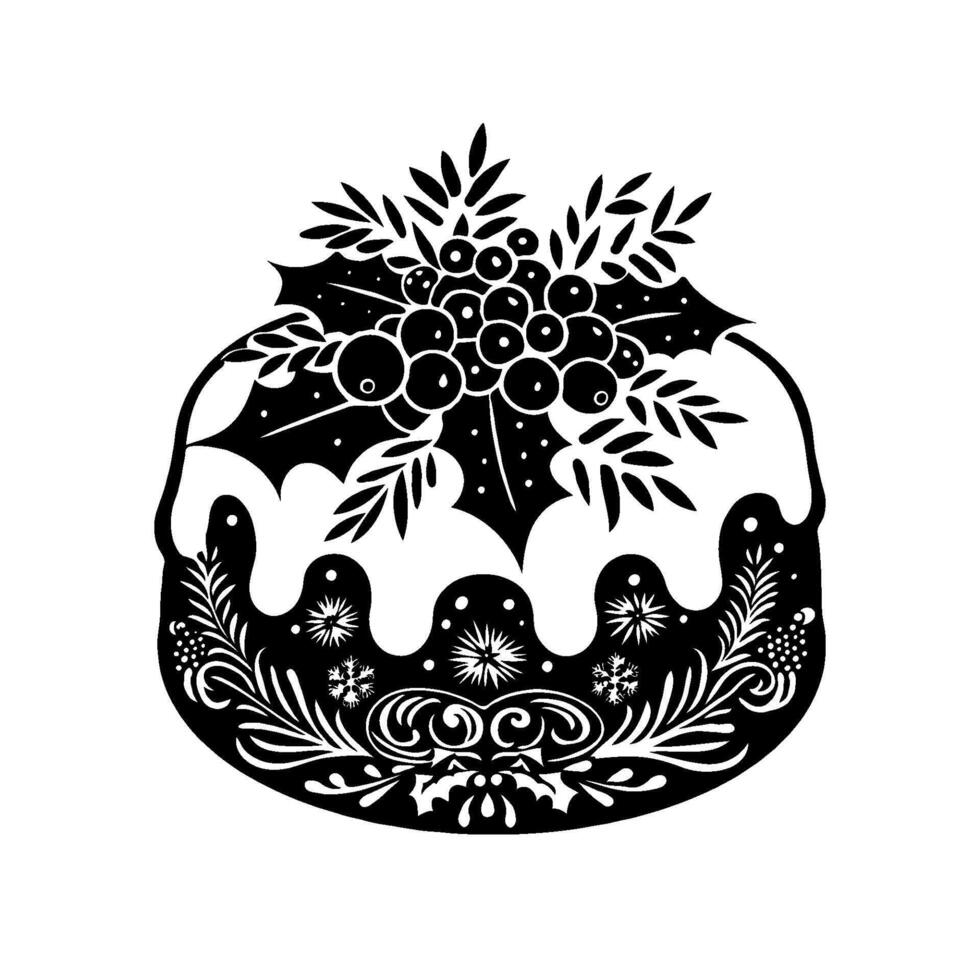 Black and white silhouette of a Christmas pudding adorned with holly and intricate patterns, on a plain white background, festive concept vector