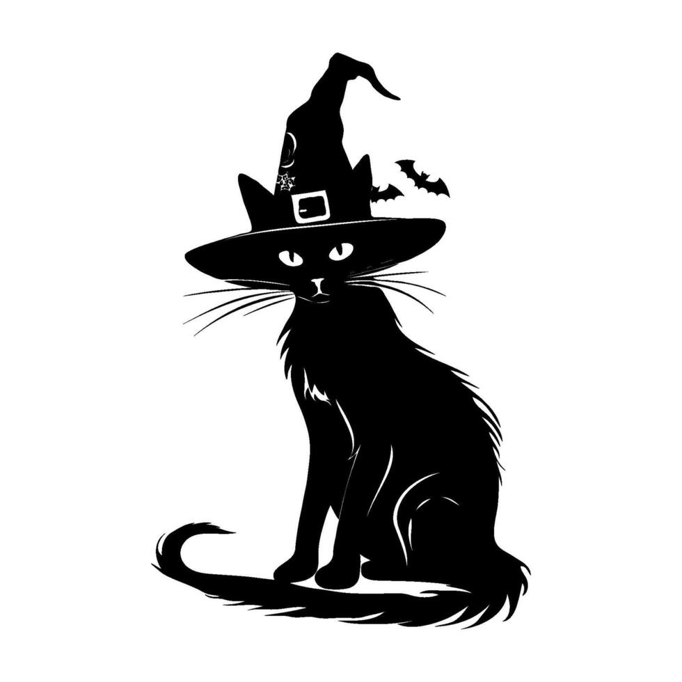 Silhouette black Halloween cat with a black witch hat on its head. Concept of mystery and intrigue. vector