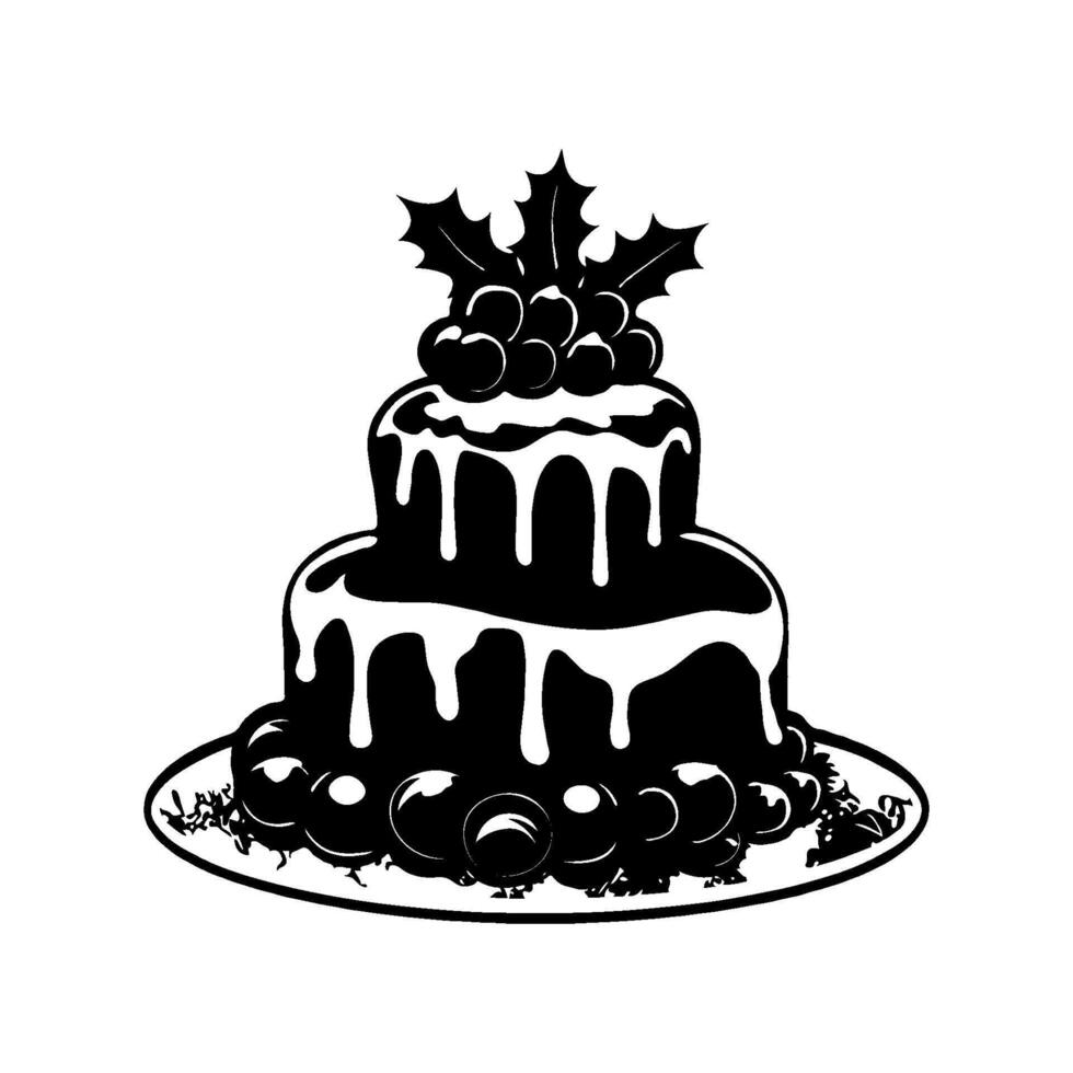Silhouette of a festive cake with dripping icing, holly leaves, and berries on a plate, on a white background. Holiday celebration concept vector