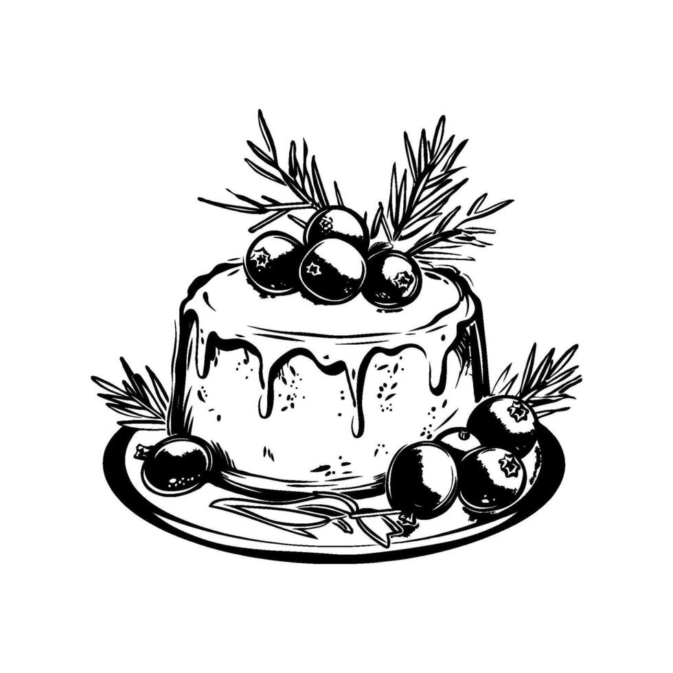 Hand-drawn illustration of a Christmas cake garnished with berries and herbs on a plate, depicted on a white background. Concept of desserts vector