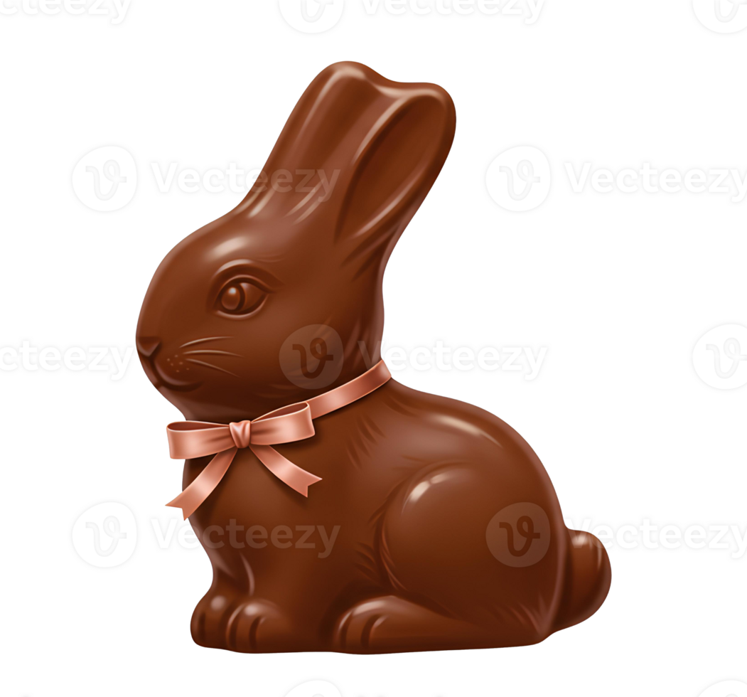 Realistic chocolate bunny in rich brown color with a festive bow, isolated for digital designs png