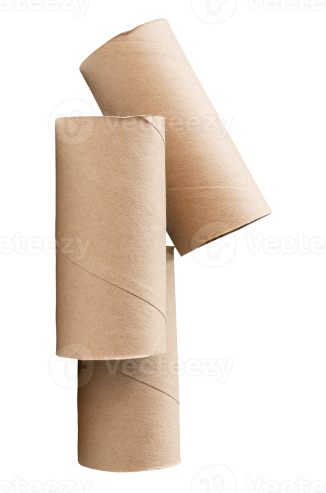 Brown tissue paper cores or toilet paper tubes in stack after tissue paper used out in toilet or restroom isolated with clipping path in file format png