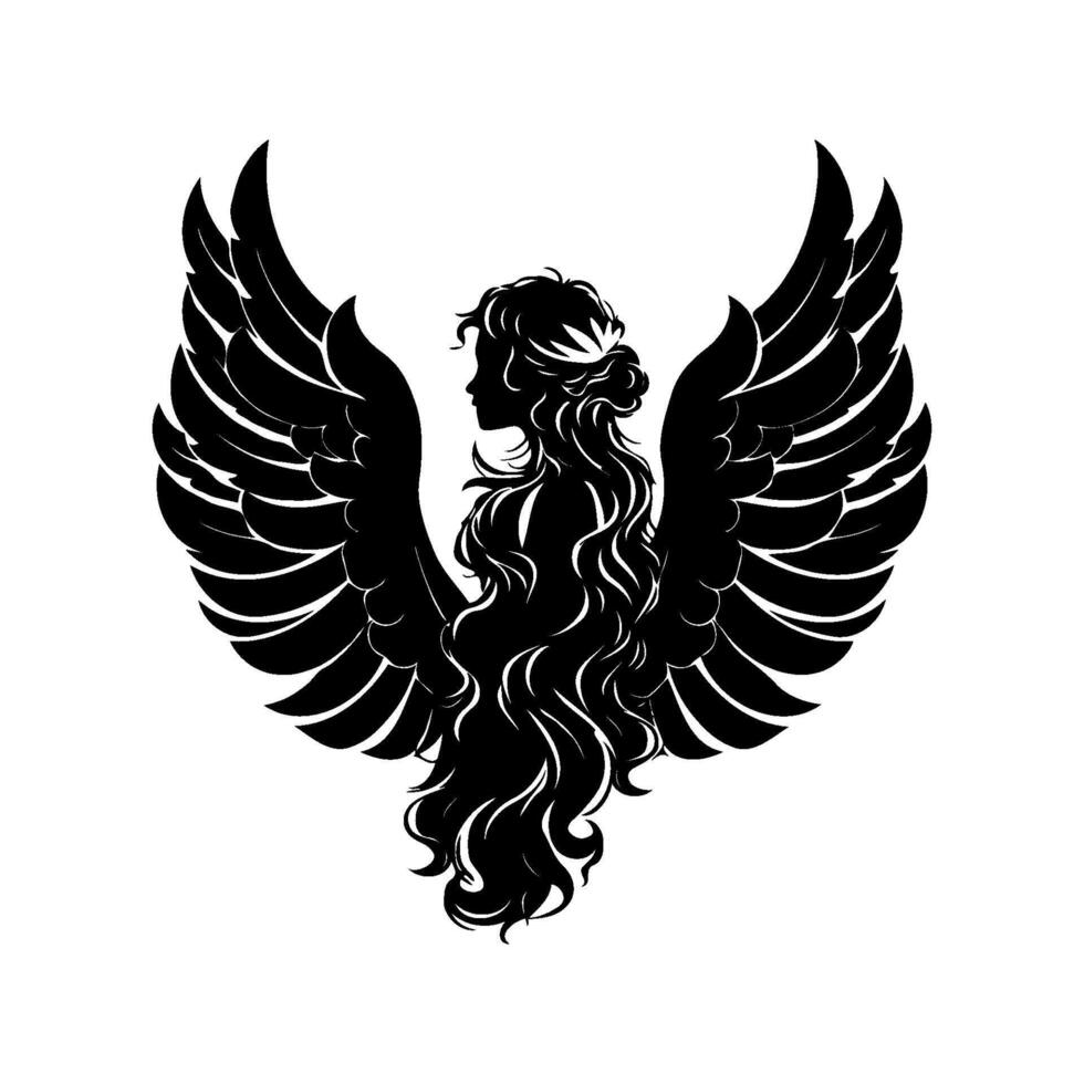 A silhouette of a woman with long hair and wings. The image has a mystical and ethereal feel to it vector