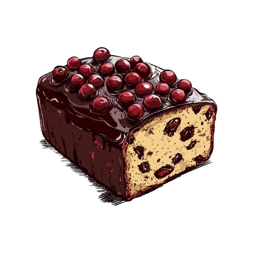 A chocolate-covered Christmas cake loaf topped with cherries, sliced to reveal its interior, illustrated on a white background, concept of dessert vector