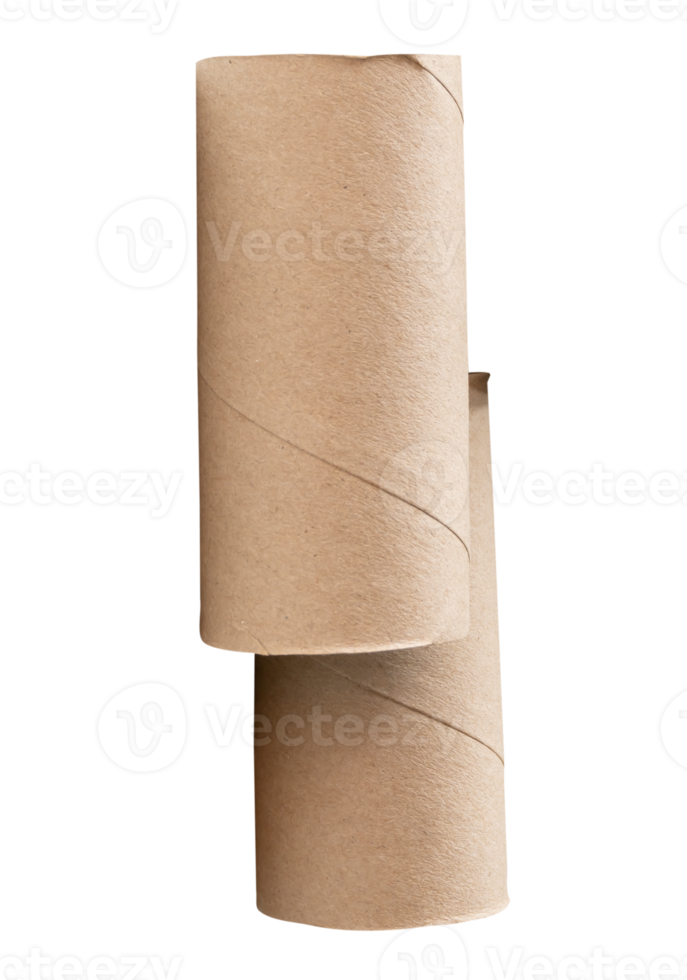Vertical view of tissue paper cores or toilet paper tubes in stack after used out in toilet or restroom isolated with clipping path in file format png