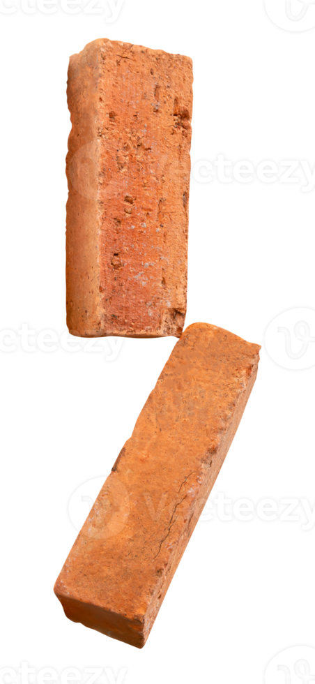 Side view of two cracked old red or orange bricks in stack isolated with clipping path in file format png