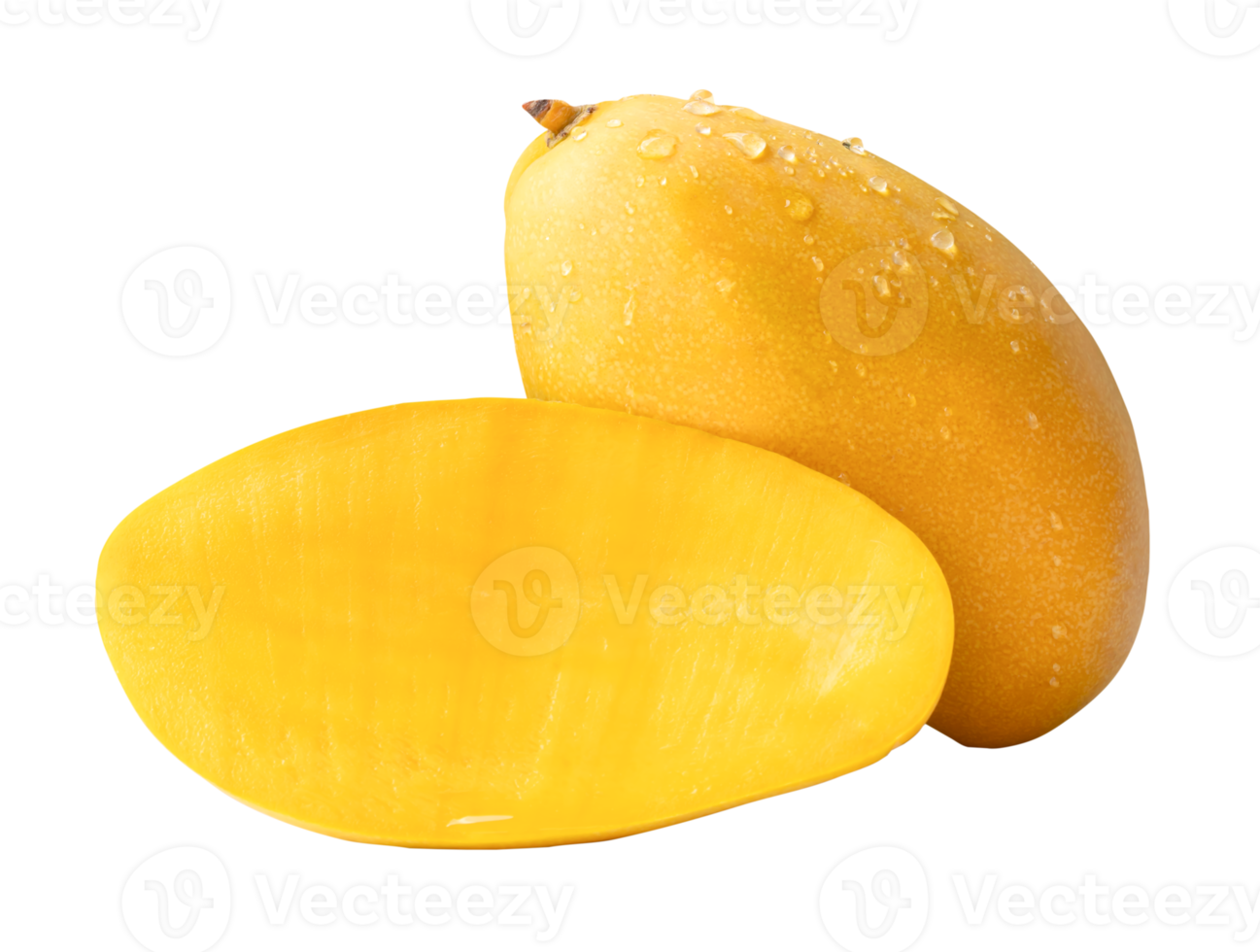 Single ripe yellow mango fruit with half and water droplets in stack isolated with clipping path in file format png