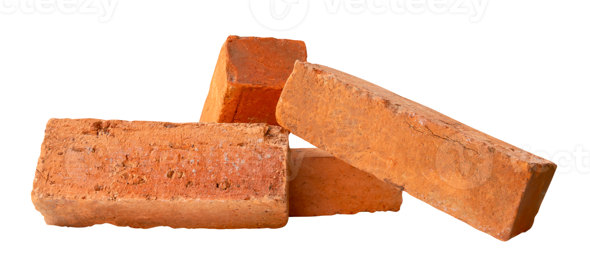 Four cracked old red or orange bricks in strange pile isolated with clipping path in file format png