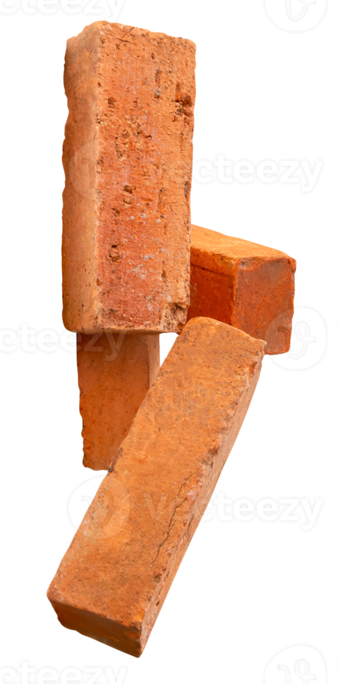Side view of four cracked old red or orange bricks in stack isolated with clipping path in file format png
