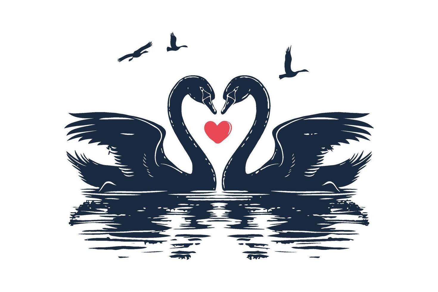 Two elegant swans create a heart shape, surrounded by serene water and flying birds, symbolizing love and romance. Illustration for Wedding day, Valentine's day. vector