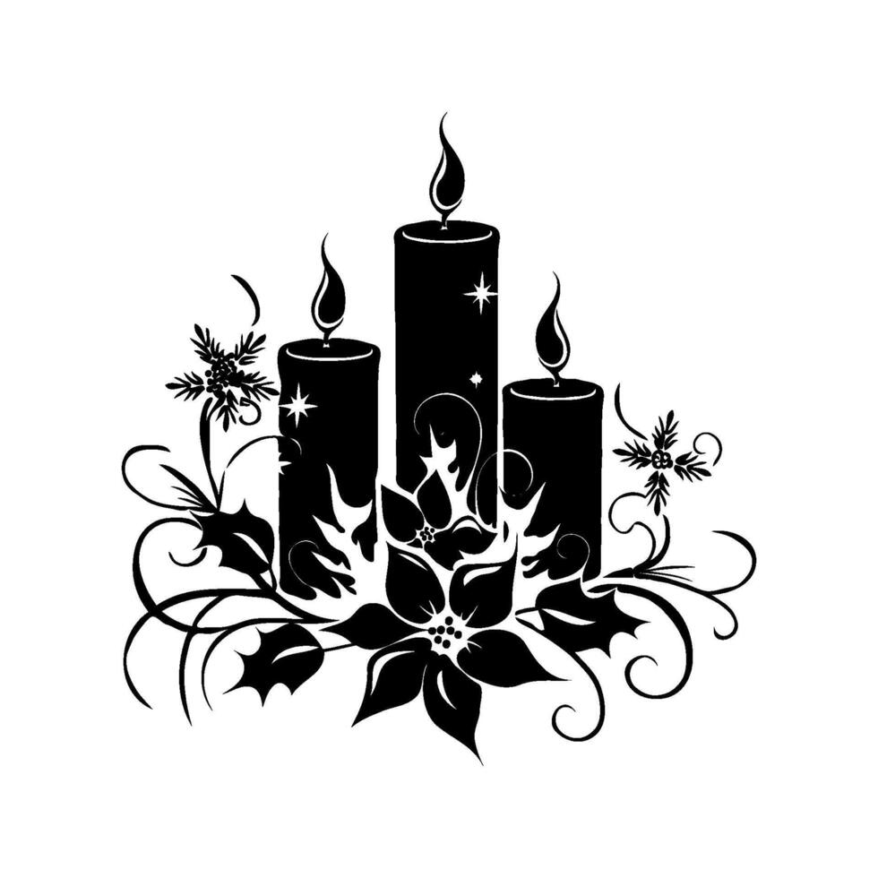 A silhouette of a Christmas three candles on white background. The candles are surrounded by flowers and leaves, creating a warm and cozy atmosphere. vector