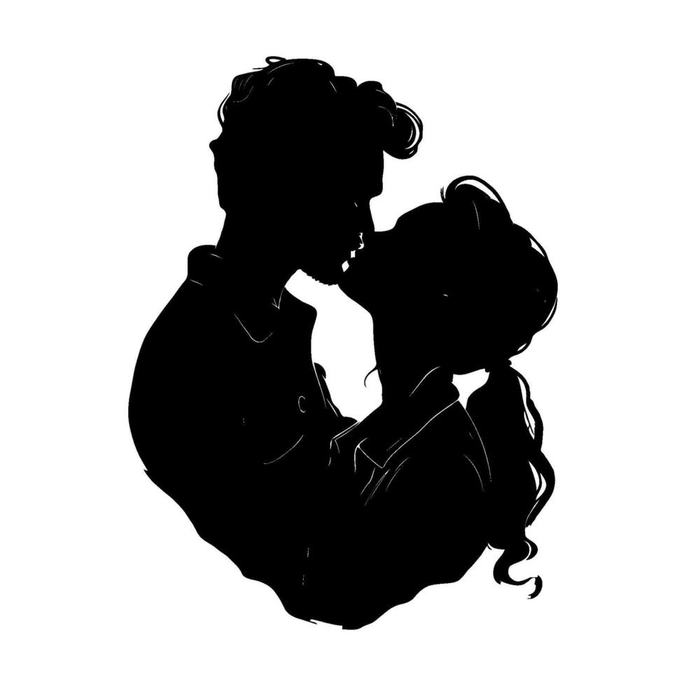 Silhouette of a couple kissing, captured in an intimate pose. Black and white graphic on a plain white background. Concept of romance and love vector