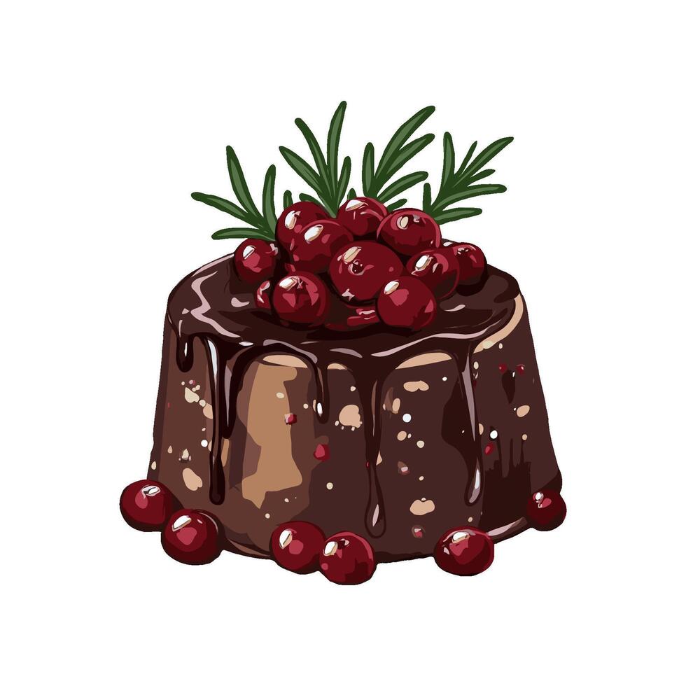 Chocolate Christmas dessert with cranberry topping and rosemary garnish, painted style, on white background, festive food concept vector