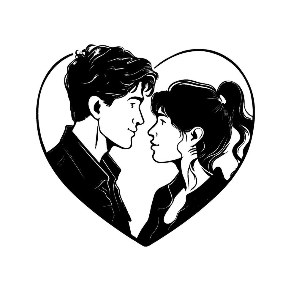 A romantic couple gazes into each other's eyes within a heart outline, black and white style, symbolizing love. Illustration for Wedding day, Valentine's day. vector
