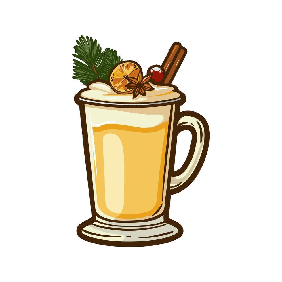 Eggnog drink in a glass mug, garnished with cinnamon, orange, and pine sprigs on white background. Christmas celebration concept vector
