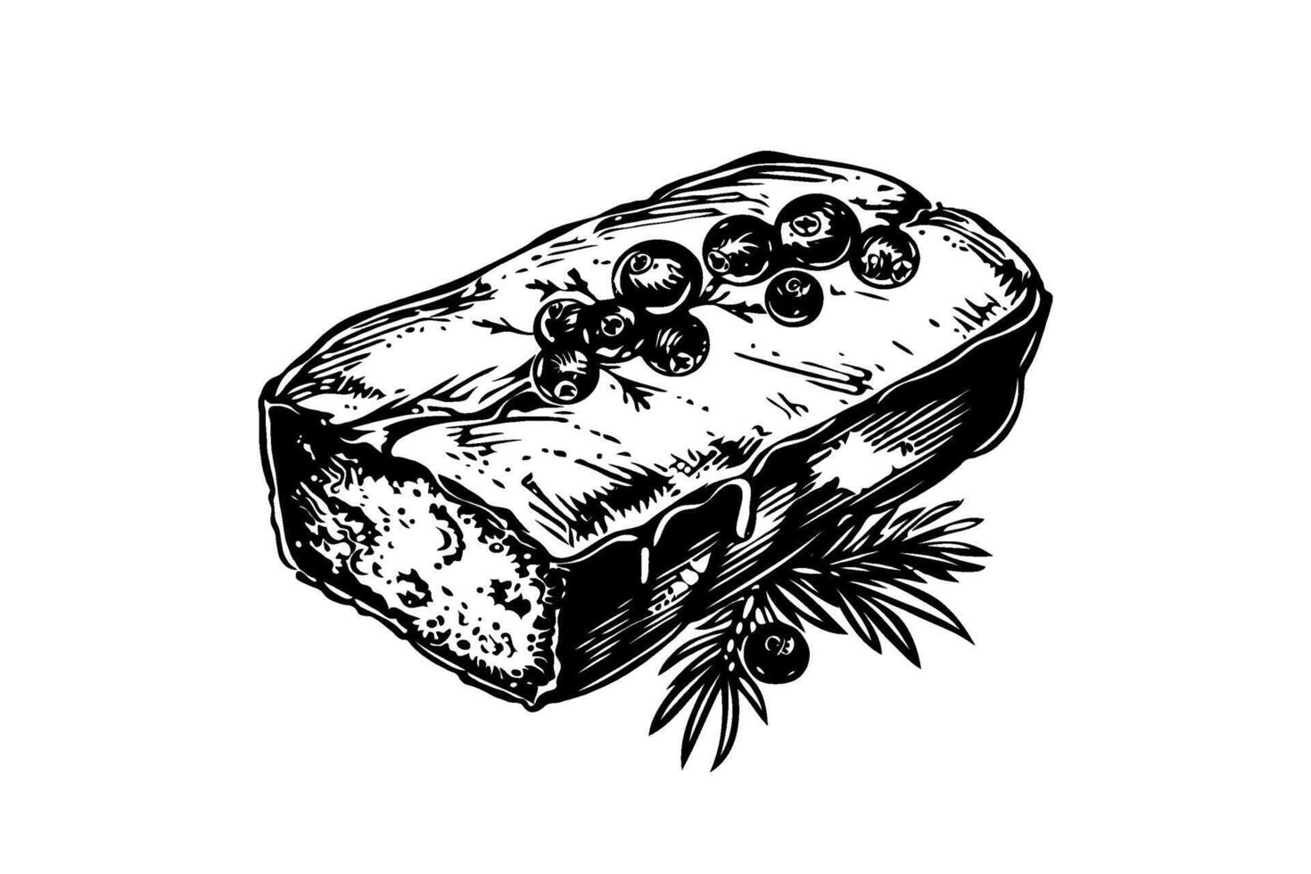 Black and white illustration of Christmas cake topped with berries, detailed style, placed on a white background, concept of bakery vector