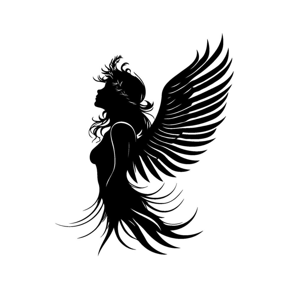 A woman with long hair and wings on her back on a white background. vector