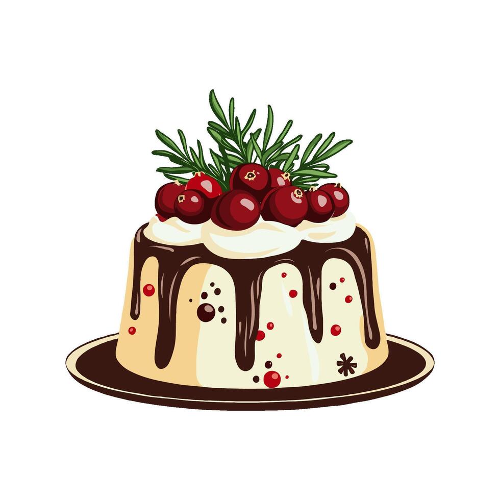Decorative Christmas dessert topped with chocolate glaze, cranberries, and rosemary sprigs on a white background, perfect for festive themes vector