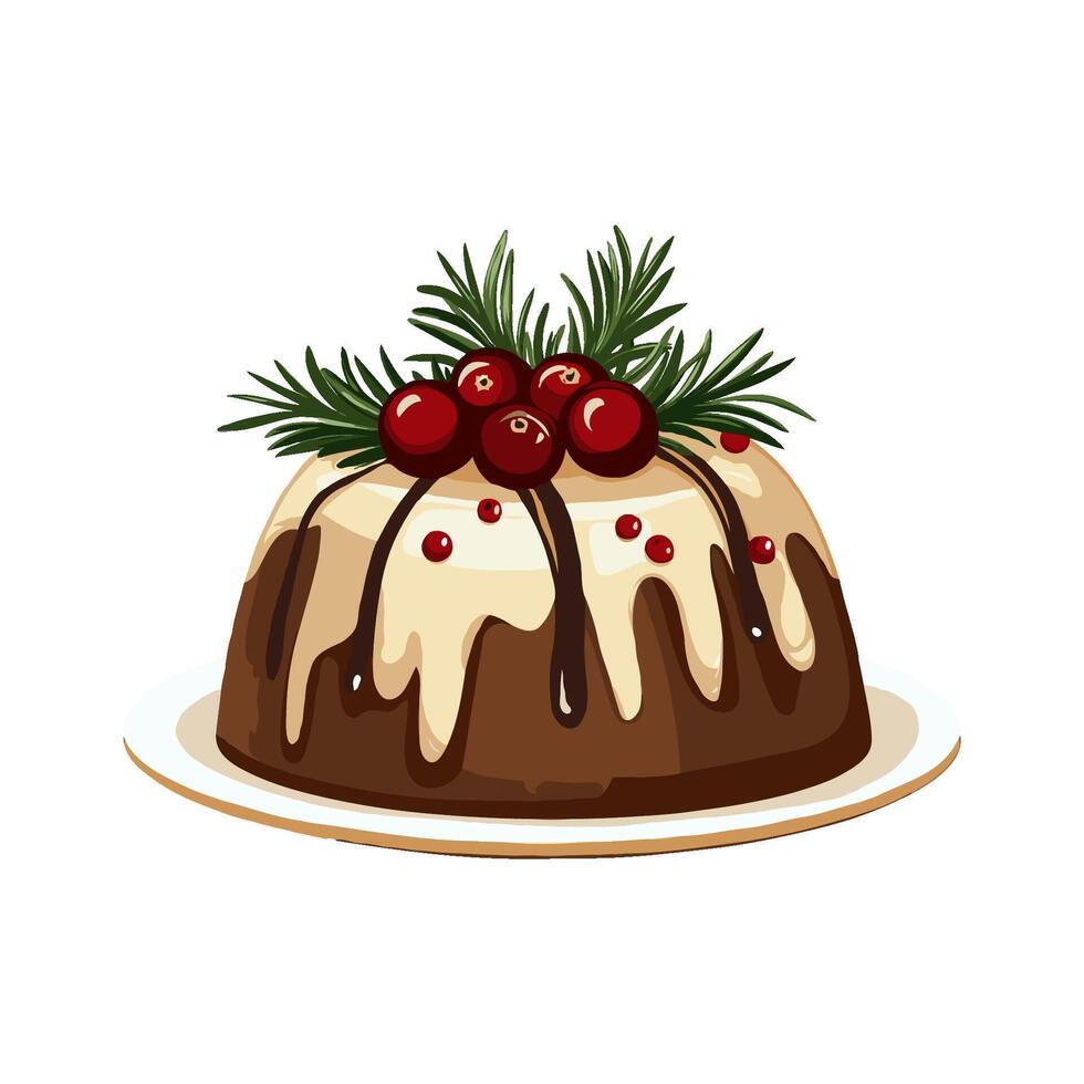 Christmas pudding topped with icing, chocolate drizzle, holly leaves, and berries, festive illustration on a white background, holiday dessert vector