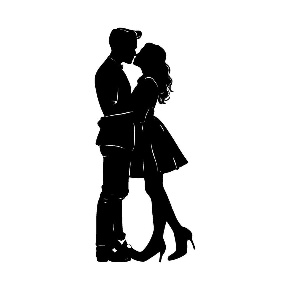 Romantic silhouette of a couple kissing, artistic graphic style, on a white background, concept of love and intimacy. Illustration for Wedding day, Valentine's day. vector