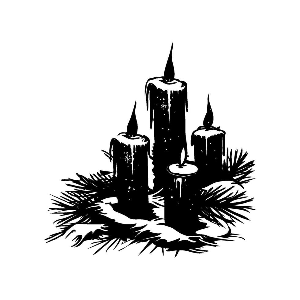 A silhouette of a Christmas three candles are lit and placed on a snowy ground on white background. vector