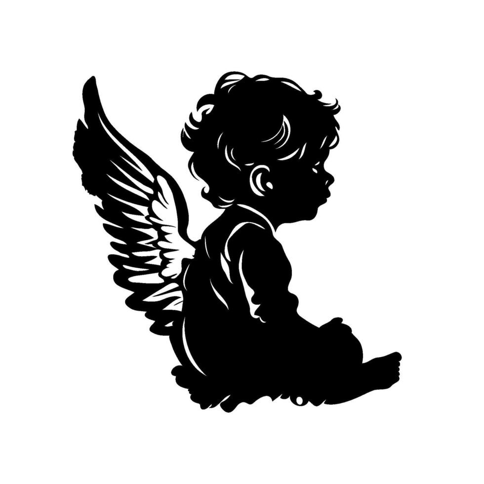 A silhouette of Christmas baby angel is sitting on the ground with its arms crossed. illustration isolated on white background. vector