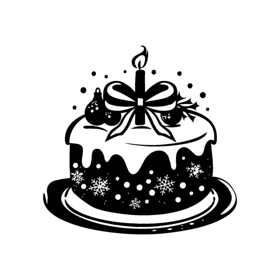 Black and white illustration of a festive cake with a single candle, ribbon, and holiday decor on a white background. Celebration concept vector