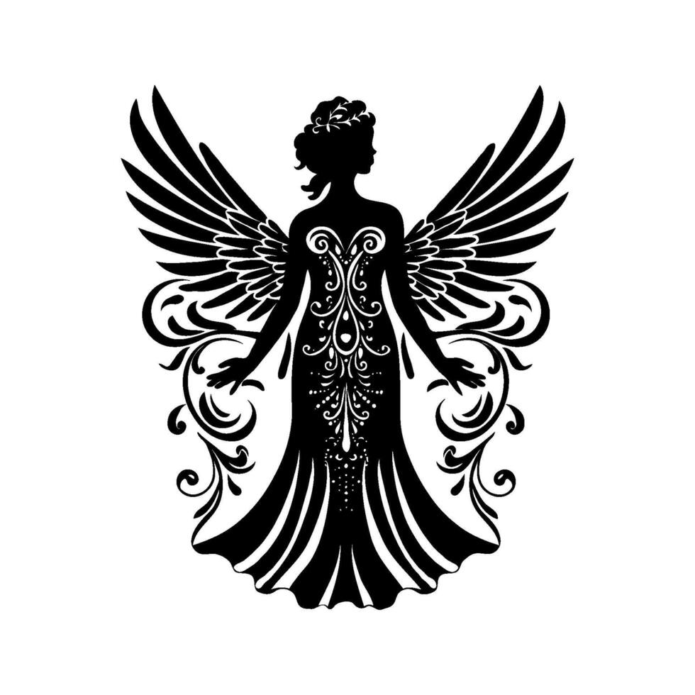 A silhouette of a Christmas angel with wings. The wings are very detailed and the angel is wearing a dress. The drawing has a very elegant and graceful feel to it vector