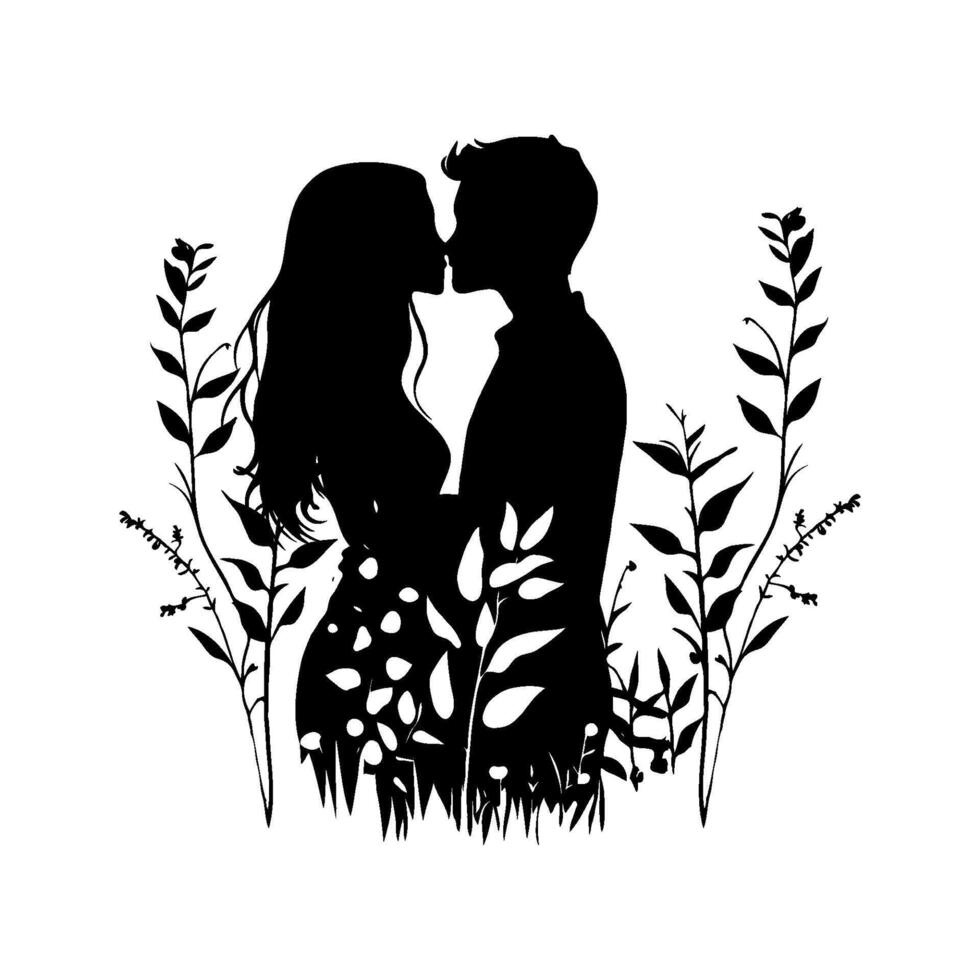 A silhouette of a couple in love, surrounded by various plants and flowers, on a white background. Illustration for Wedding day, Valentine's day. Concept of love and romance. vector