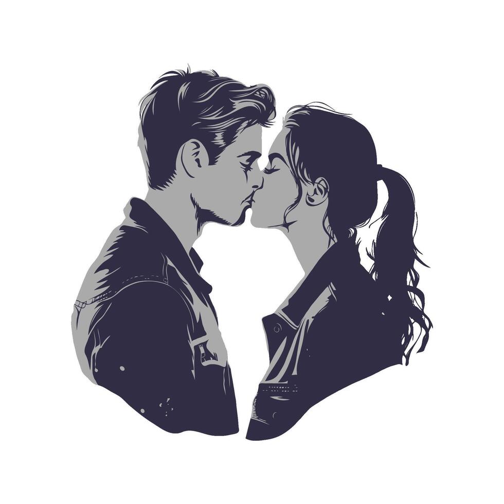 A couple kissing, illustrated in a minimalist graphic style, on a white background, conveying love and connection. Illustration for Wedding day, Valentine's day. vector