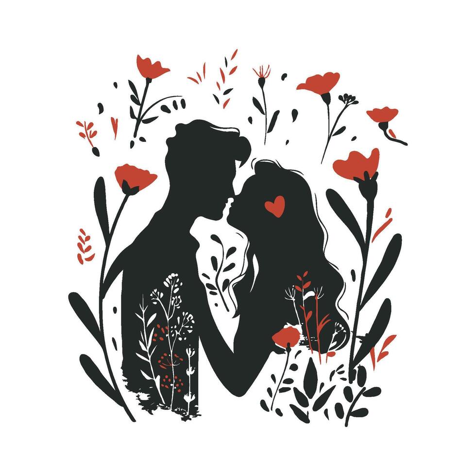 A loving couple silhouette framed by flowers and foliage, in a romantic style on a bright background. Concept of love and romance. Illustration for Wedding day, Valentine's day. vector
