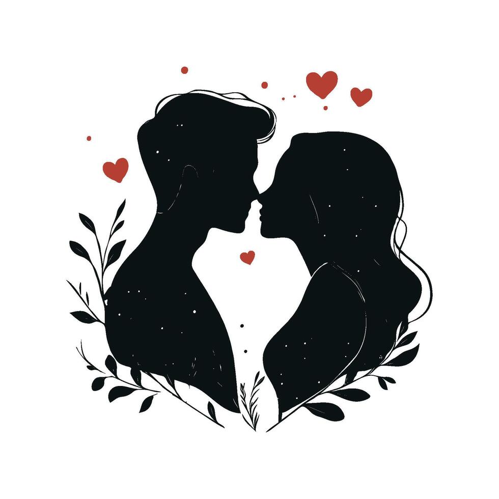 Silhouette of a couple kissing with a heart symbol inside. Illustration for Wedding day, Valentine's day. vector