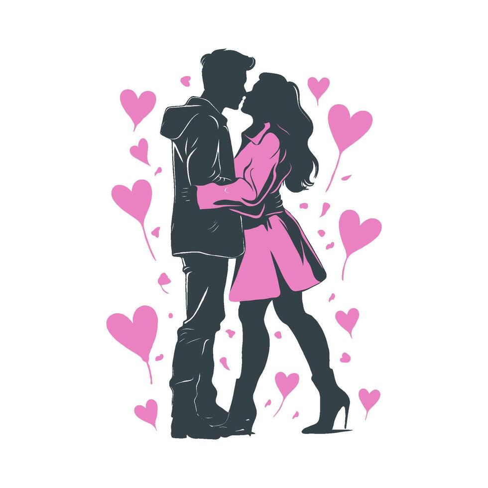 Silhouette of a Couple Kissing with Hearts in Background. Illustration for Wedding day, Valentine's day. vector