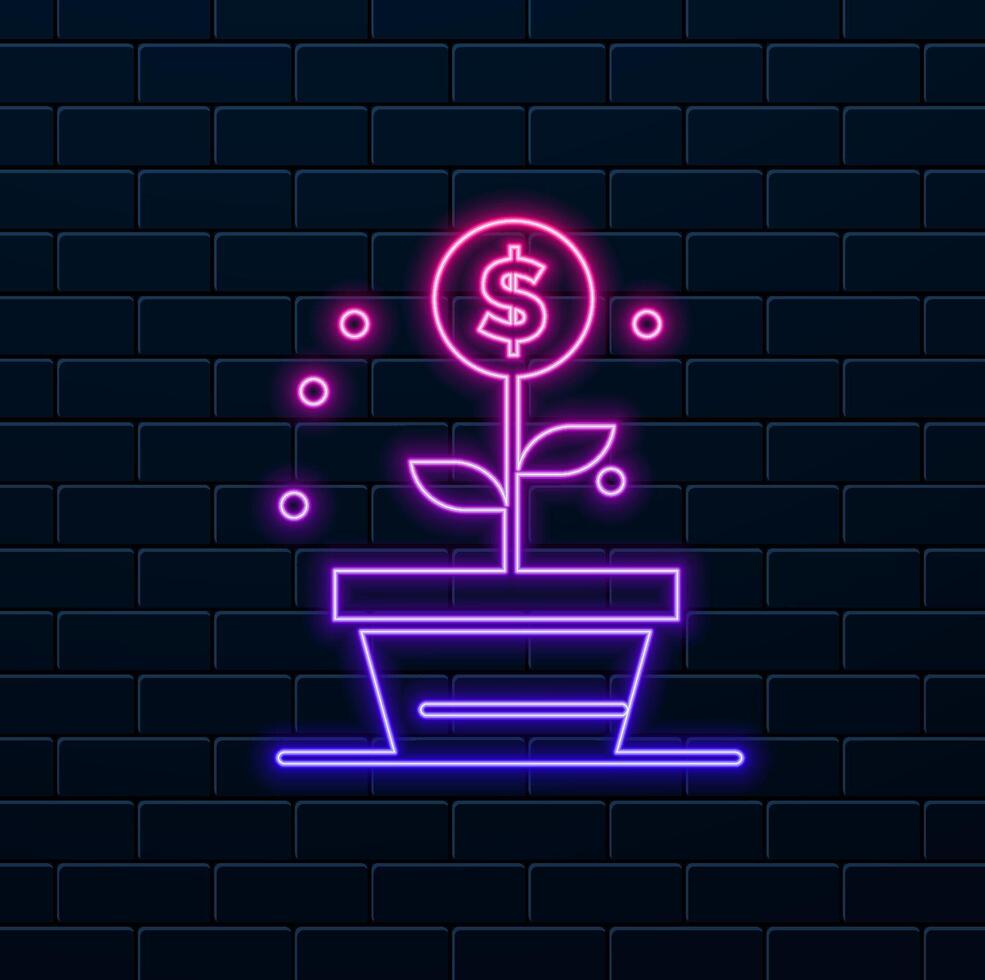 mission money flower pot icon, neon style. dollar coin grows from flower pot silhouette. design element. neon. vector