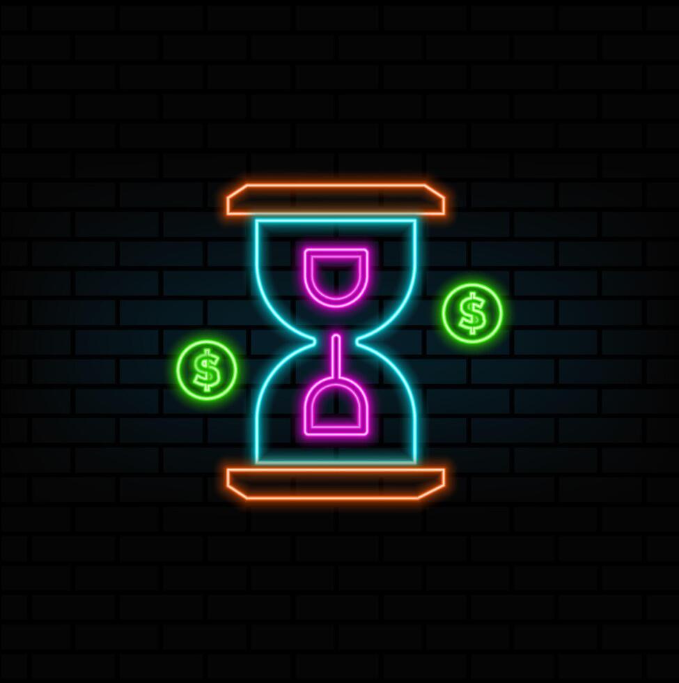 Time is money icon in . Logo. neon style. Sand clock illustration with dollar symbol in minimalist style. vector
