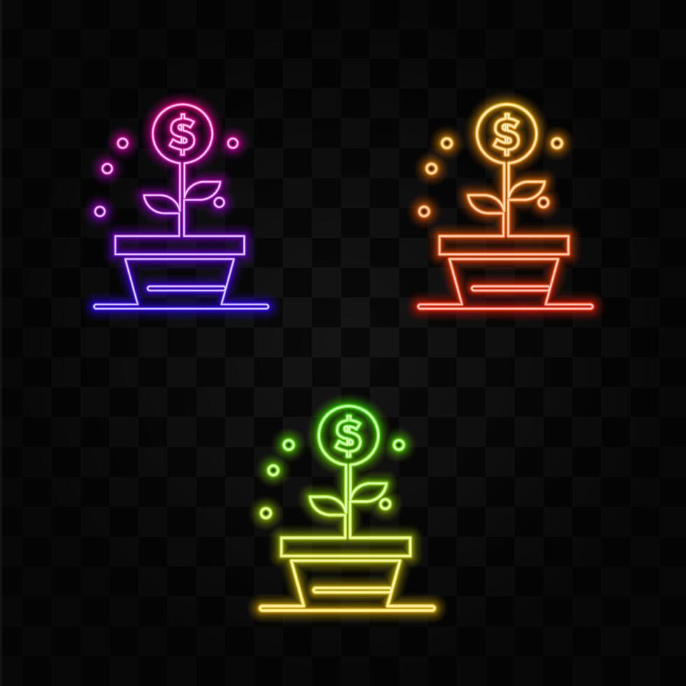 dollar coin grows from flower pot silhouette. design element. neon style. vector
