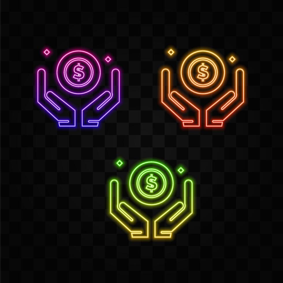 Hands hold a currency symbol. dollar symbol. neon style. Money earning icon. vector