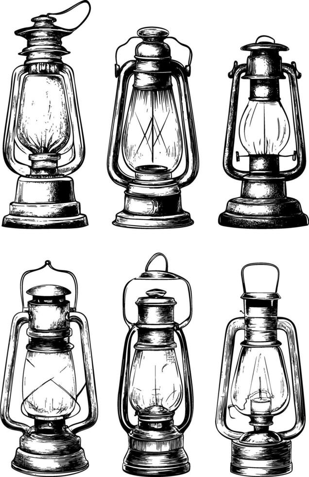 Collection of vintage oil lamps in various designs and styles vector