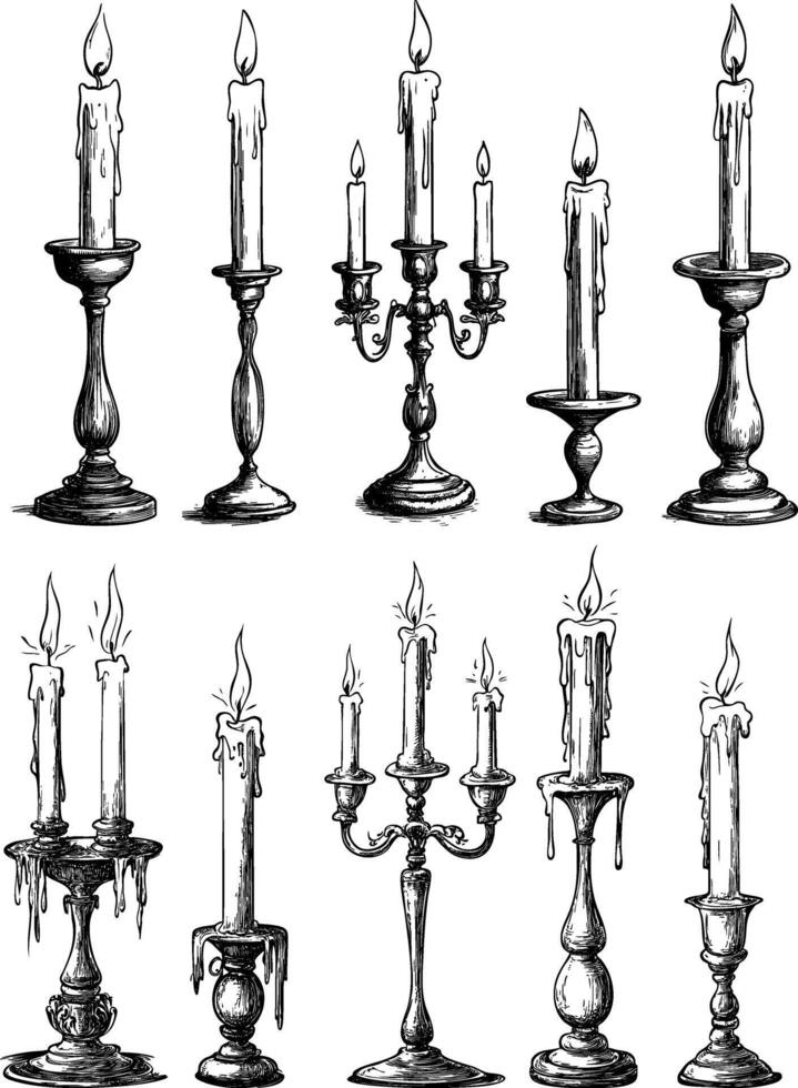 Collection of vintage candle designs with various artistic styles vector