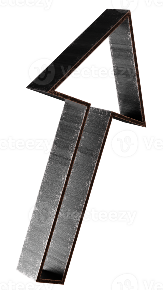 Black metallic arrow rendered in 3D, isolated on transparent background. png
