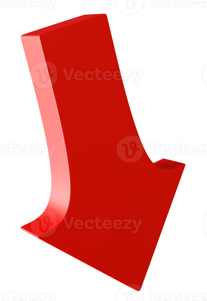 Red arrow in a three-dimensional style, isolated against clean transparent background, ideal for design and navigation purposes. png