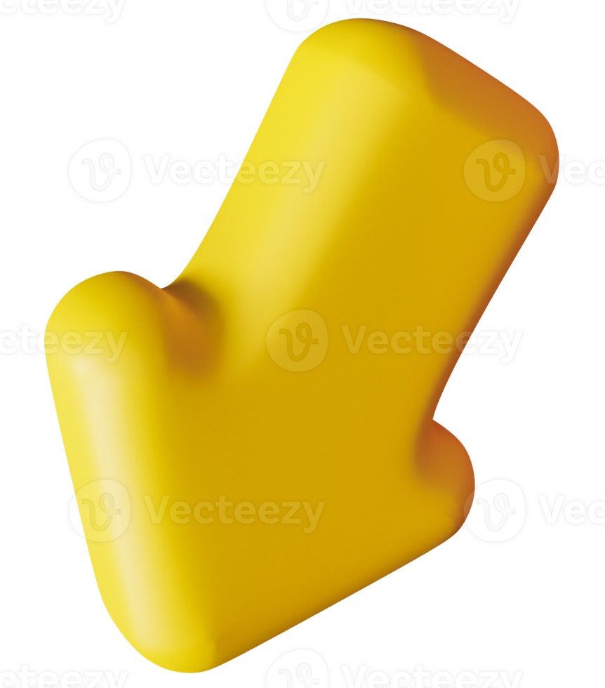 Vibrant yellow arrow in a three-dimensional style, isolated against clean transparent background, ideal for design and navigation purposes. 3D render. png