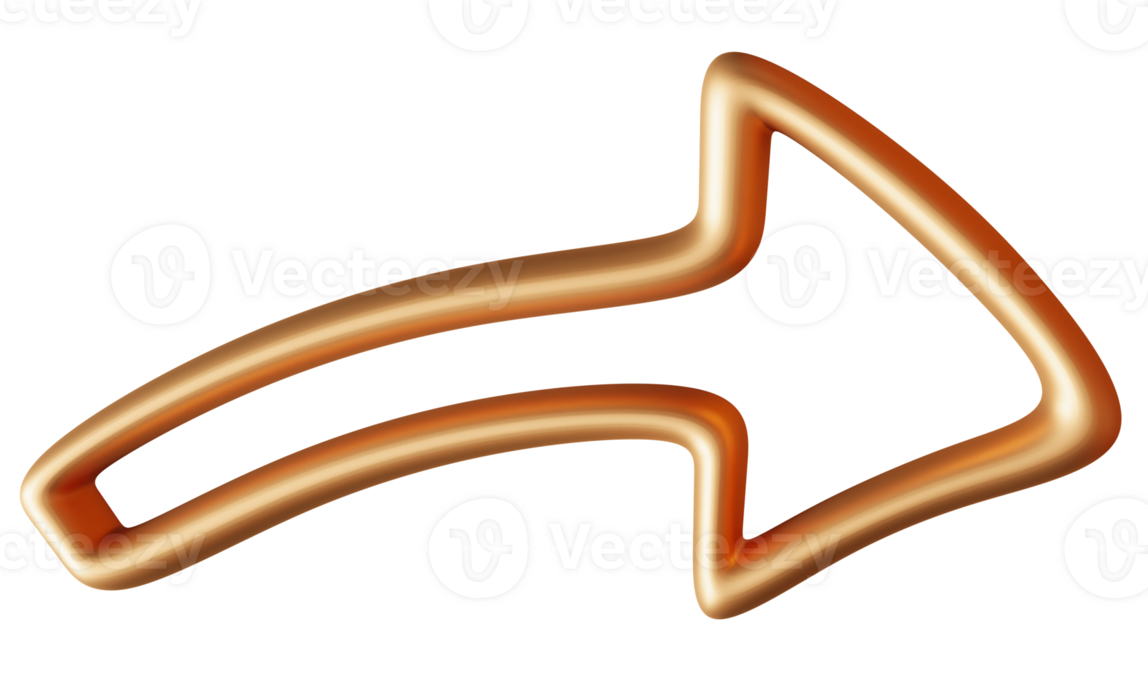 Golden arrow designed in three-dimensional form. Polished appearance against transparent backdrop. 3D arrow, cut out. png