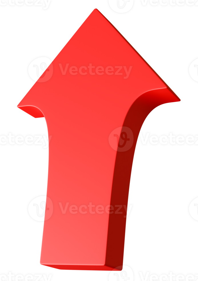 Red arrow in a three-dimensional style, isolated against clean transparent background, ideal for design and navigation purposes. 3D rendering png