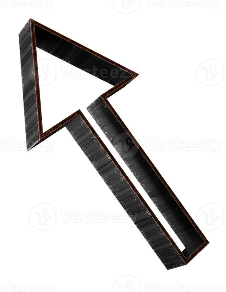 Black metallic arrow rendered in 3D, isolated on transparent background. Arrow symbol png